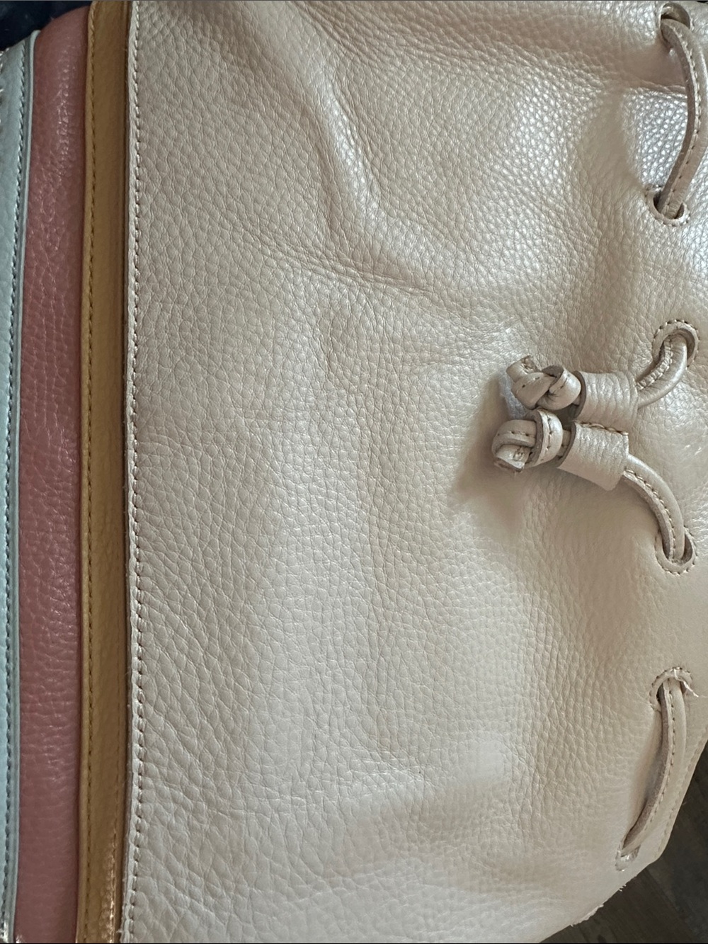 The Sak Ivy Leather Drawstring Bucket Bag cream coastal with striped woven trim - Picture 12 of 13